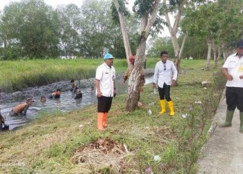 Kepala DLH Rohil Suwandi meninjau pekerjaan penataan taman dan parit di depan Kantor Dinas Kesehatan Rohil, Batu Enam, Bagansiapiapi, Rabu (22/2/2023).